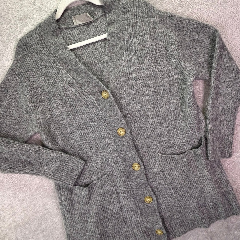 Everlane Womens Cardigan L Grey Alpaca Merino Wool Blend Longline Ribbed Knit